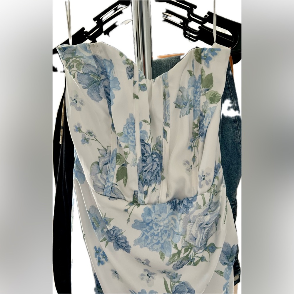 Altar'd State White Strapless Floral Maxi Dress with Blue and Green Print - Picture 3 of 5